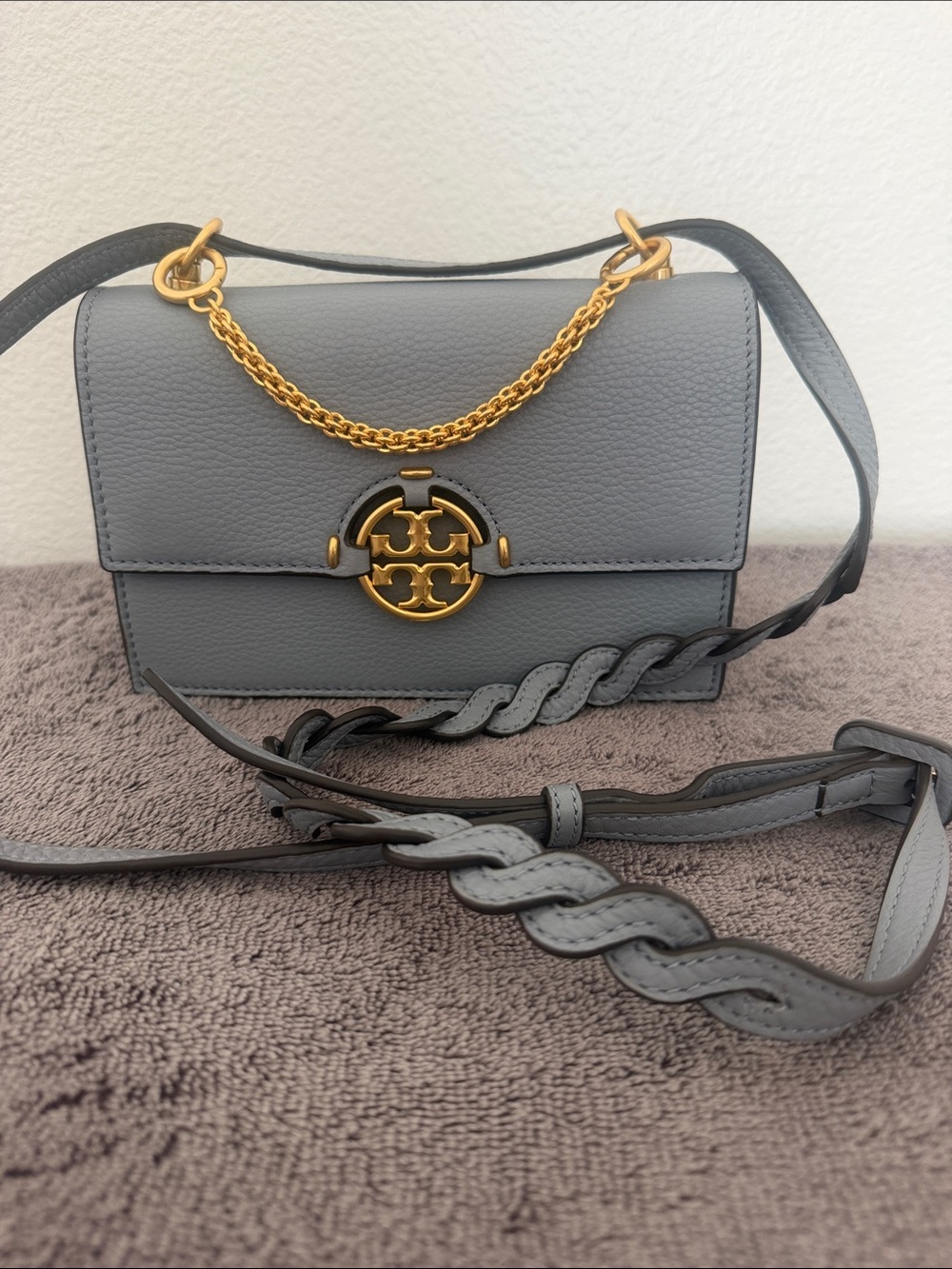 ✨Tory Burch ✨Fleming Mini Crossbody with Gold Hardware in grey blue
